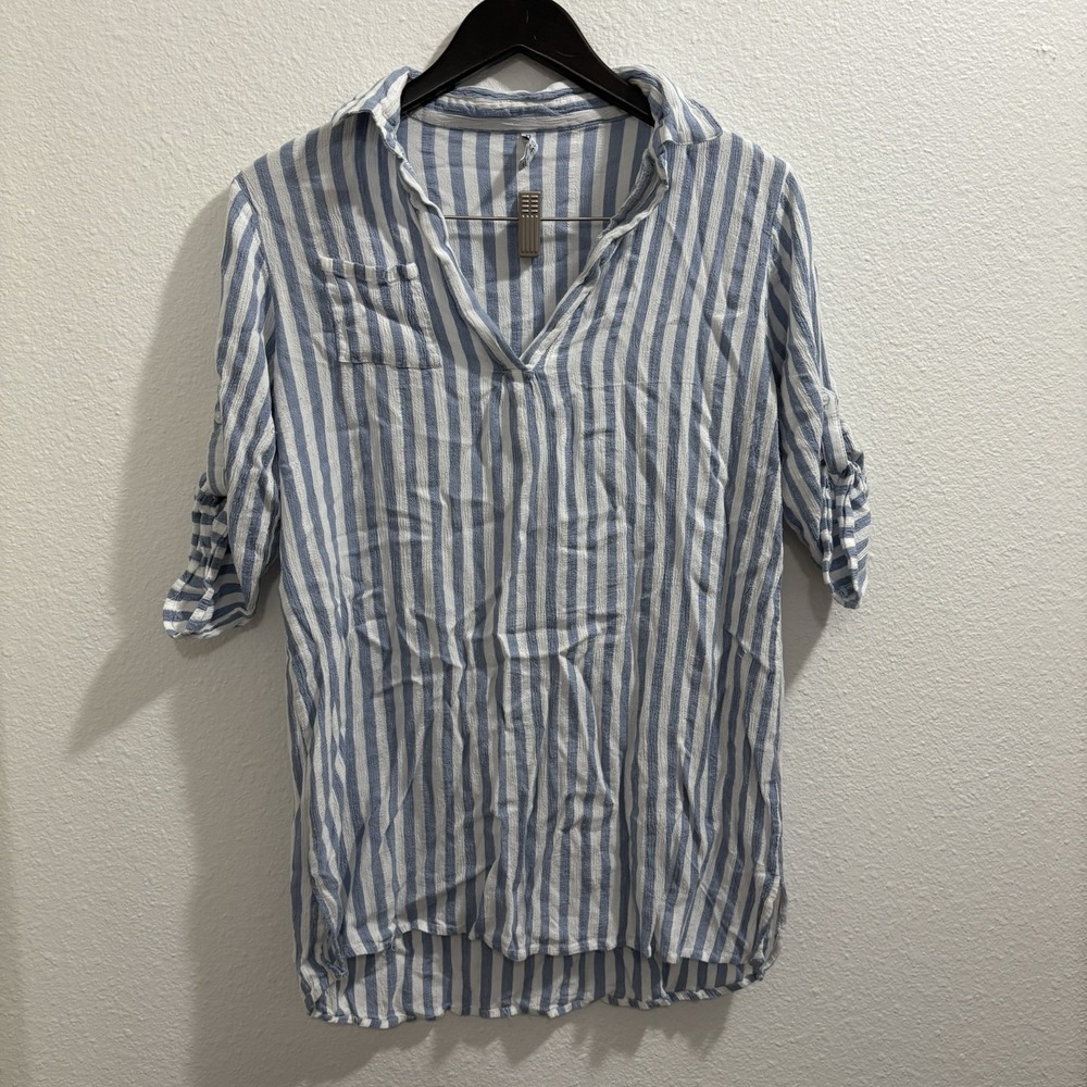 Boho Me Rayon Womens Small‎ White Blue Striped